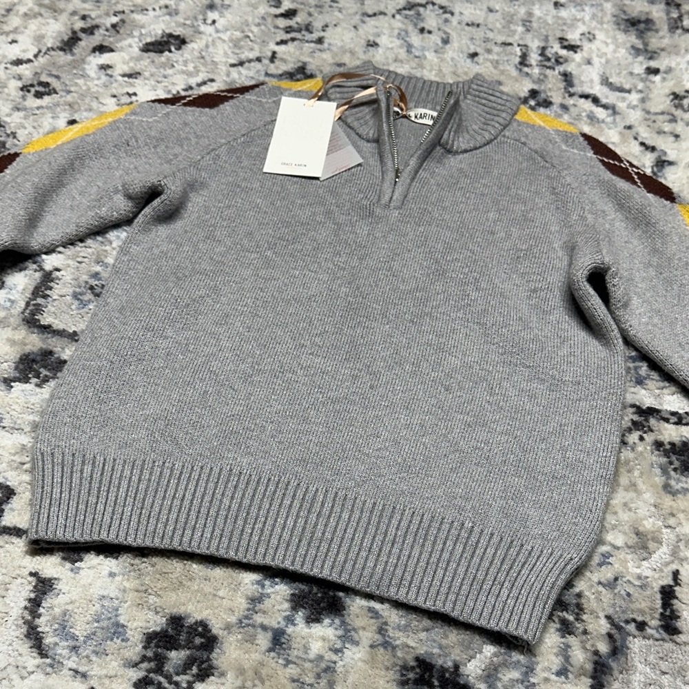 Grace Karin Kids Argyle Sweater NWT Gray Knit Pullover Half Zip Unisex Size 8 - Picture 4 of 6